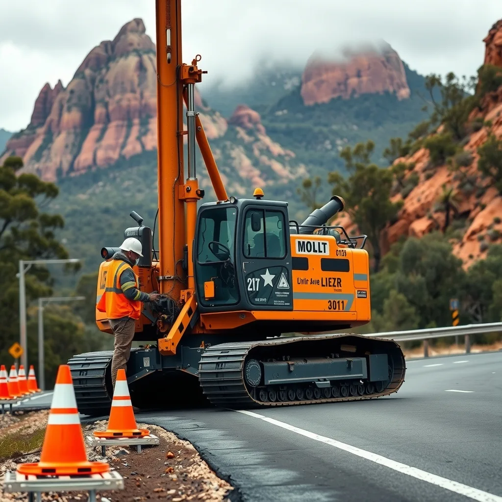 A piling rig working on a closed mountain highway surrounded by Australian bush