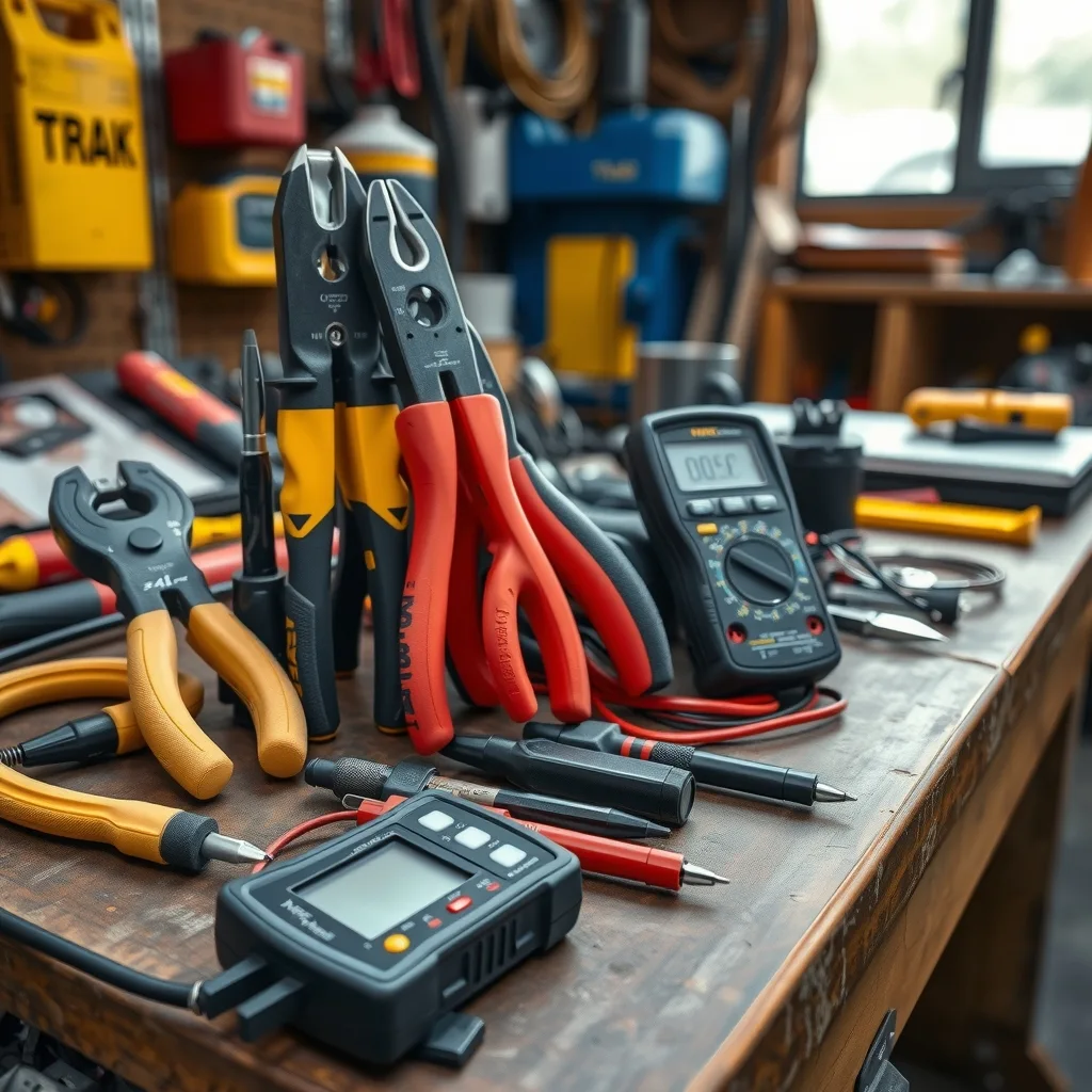 Insulated screwdrivers, side cutters and a multimeter laid out on a workbench