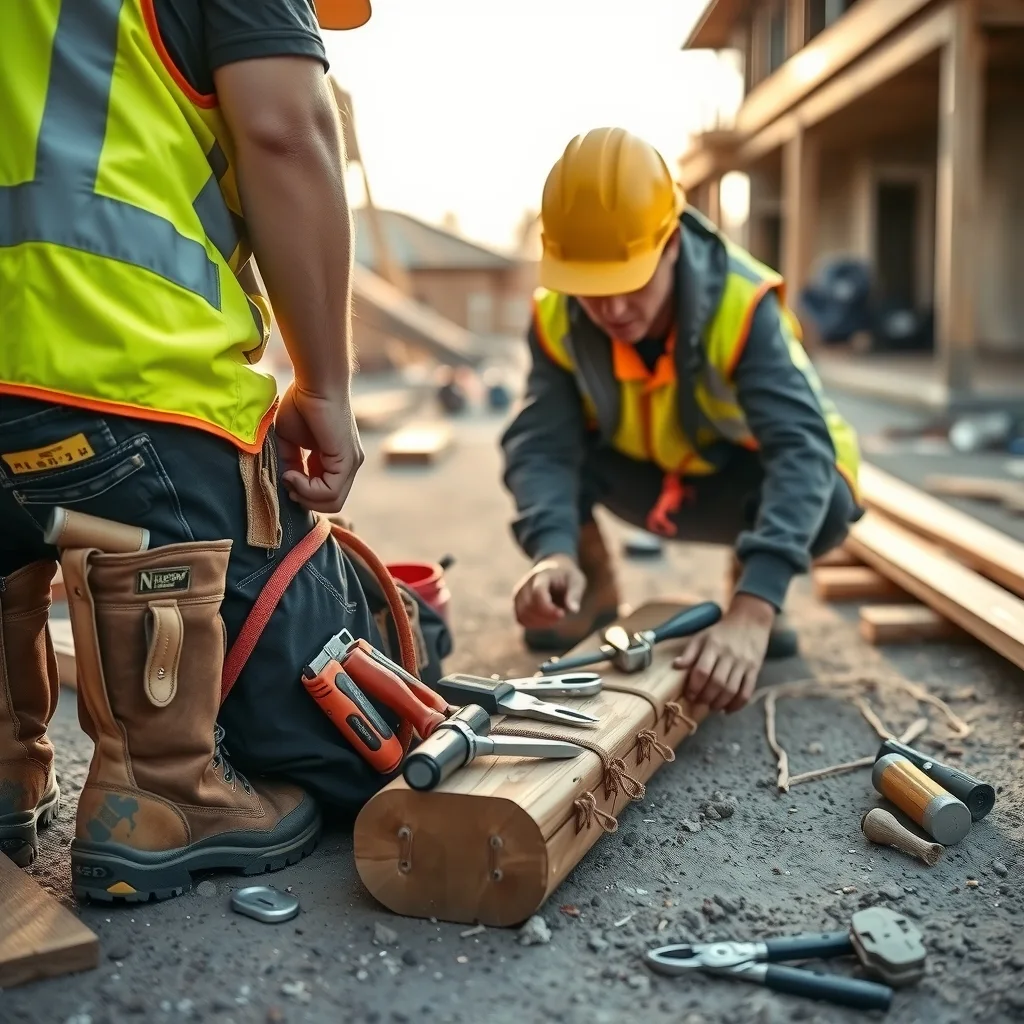 Apprentice in hi-vis laying out hand tools from an open tool bag on a building site