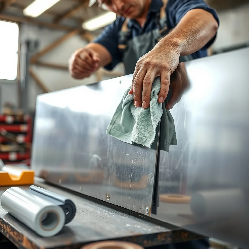 A worker cleaning a metal panel with a cloth before applying bonding tape, with a roller and tape roll on the bench