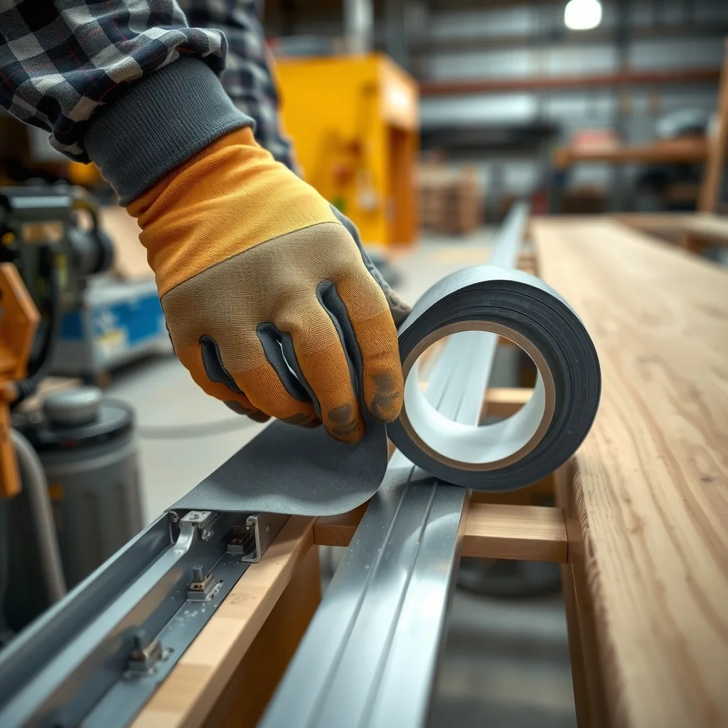 Gloved hands applying a wide strip of double-sided structural bonding tape to an aluminium frame in a workshop