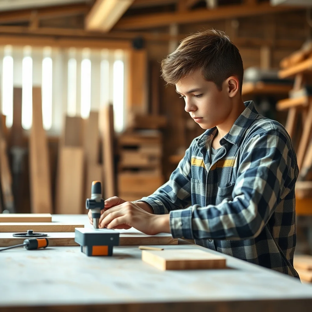 A young apprentice working at a carpentry bench in a bright workshop.