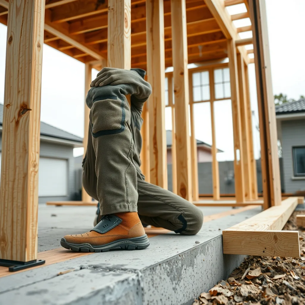 A carpenter kneeling on a slab working on a timber wall frame