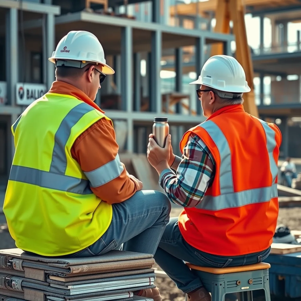 Two construction workers talking during a smoko break on a building site