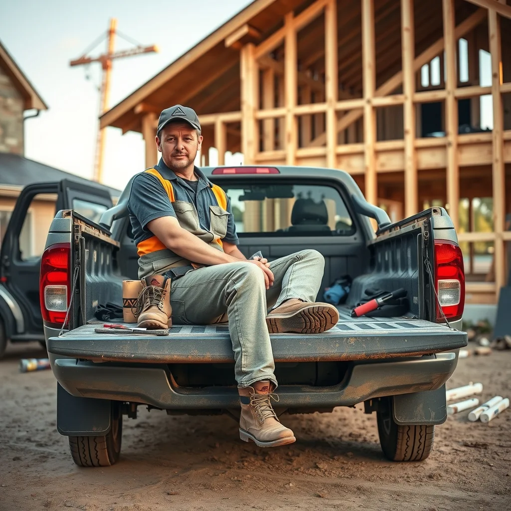 A tradesperson resting on a ute tailgate at the end of a shift on an Australian residential building site