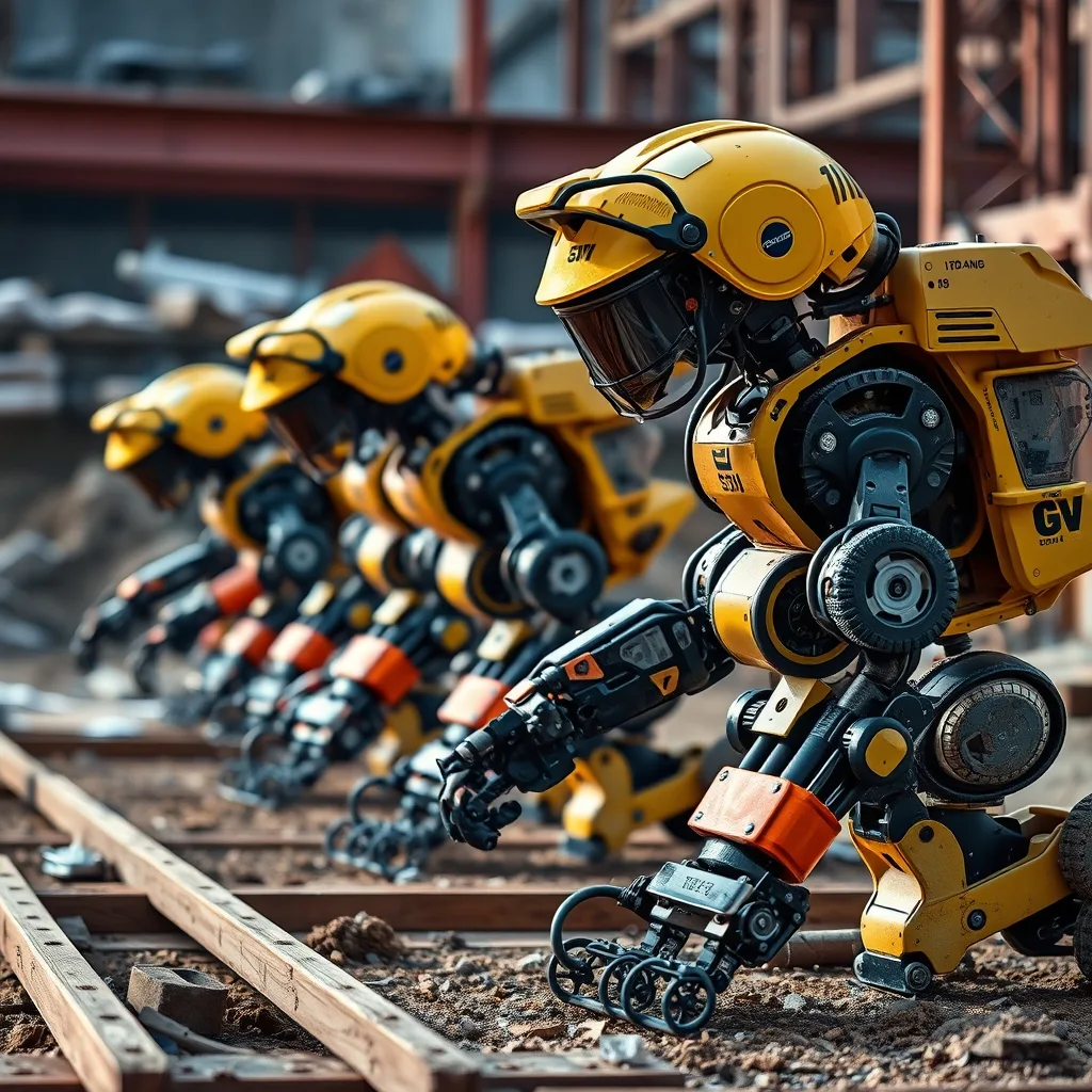 Multiple small robots work together on a construction site, demonstrating autonomous swarm technology in an industrial setting.