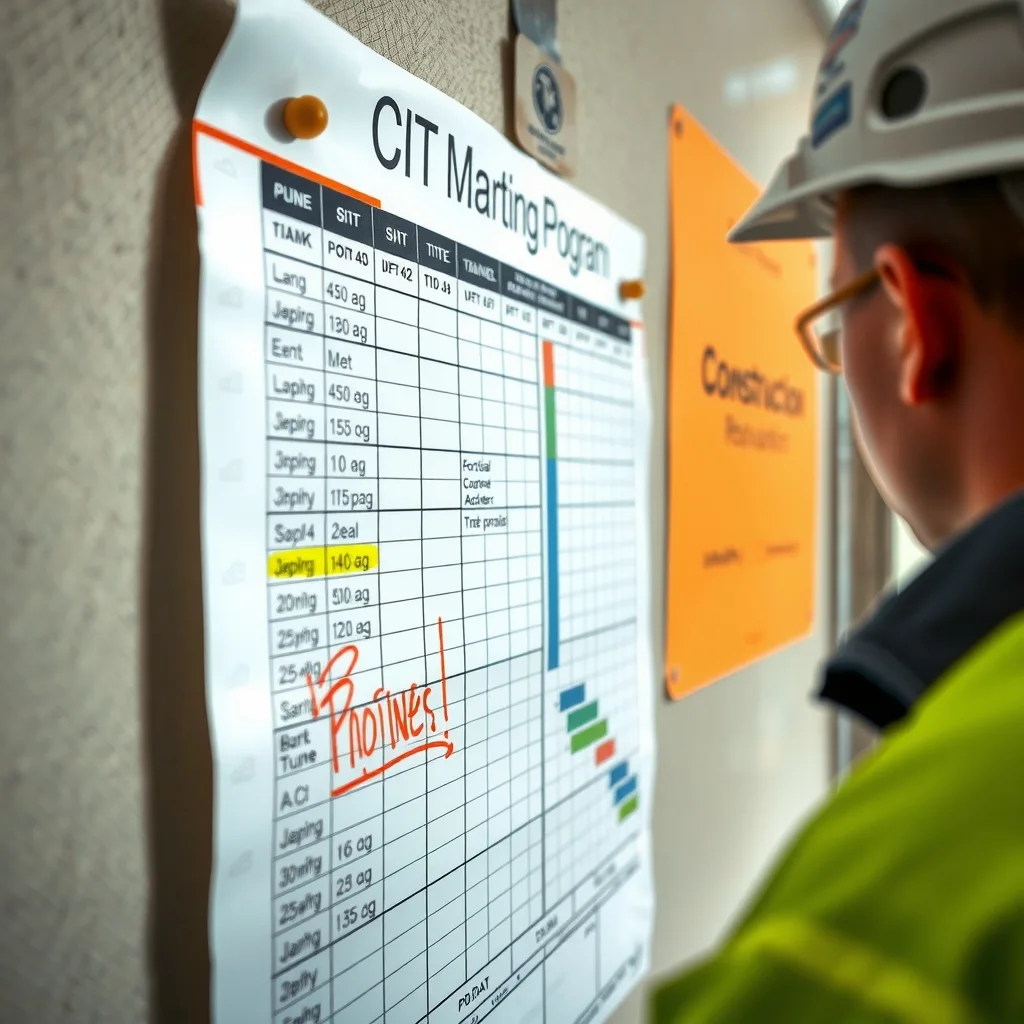 A printed construction program pinned to a wall with handwritten annotations