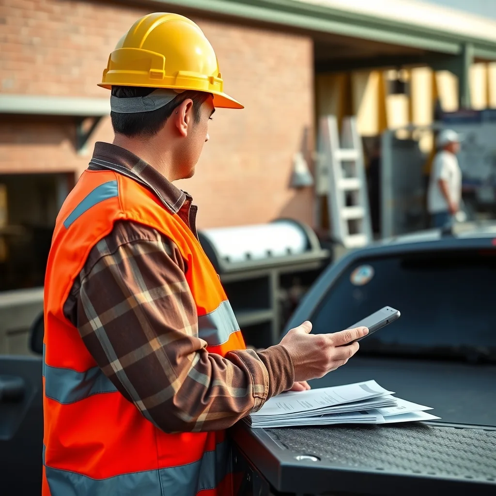 A tradie in hi-vis using a tablet on a ute tailgate with paperwork beside it