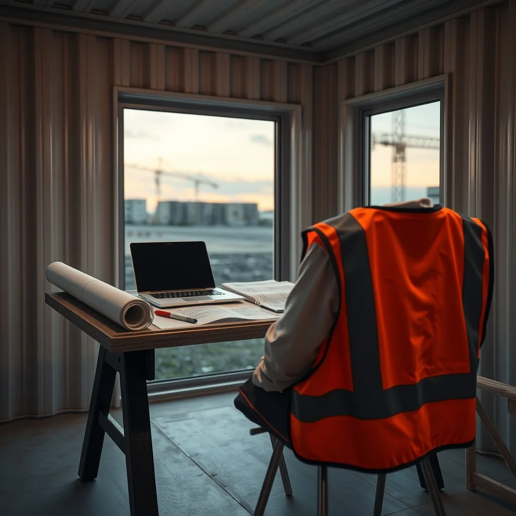 Site office desk with a laptop, rolled drawings and a marked-up construction program