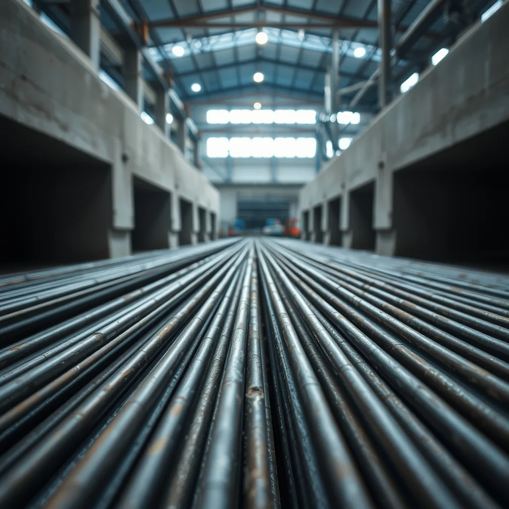 Steel reinforcement bars precisely arranged in a precast concrete mould inside an Australian factory.