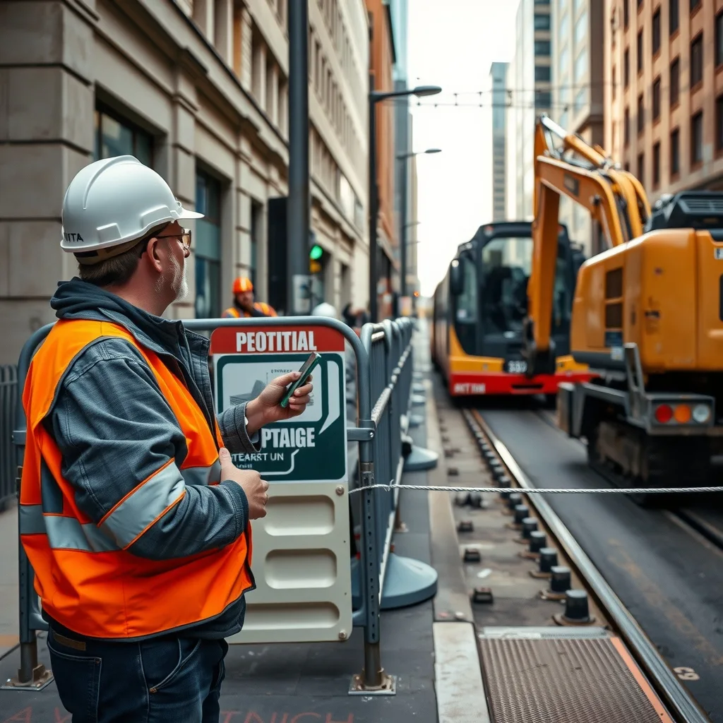 A spotter in high-vis standing beside an excavator working next to tram tracks with pedestrian barriers alongside