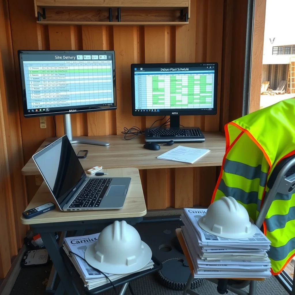Laptop in a site office donga showing a delivery booking schedule next to plant inspection paperwork