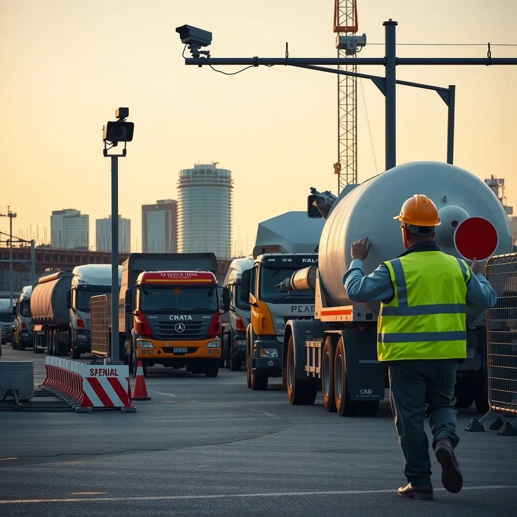 Trucks queued at a boom gate outside a fenced Australian construction site with a camera mounted above the entry