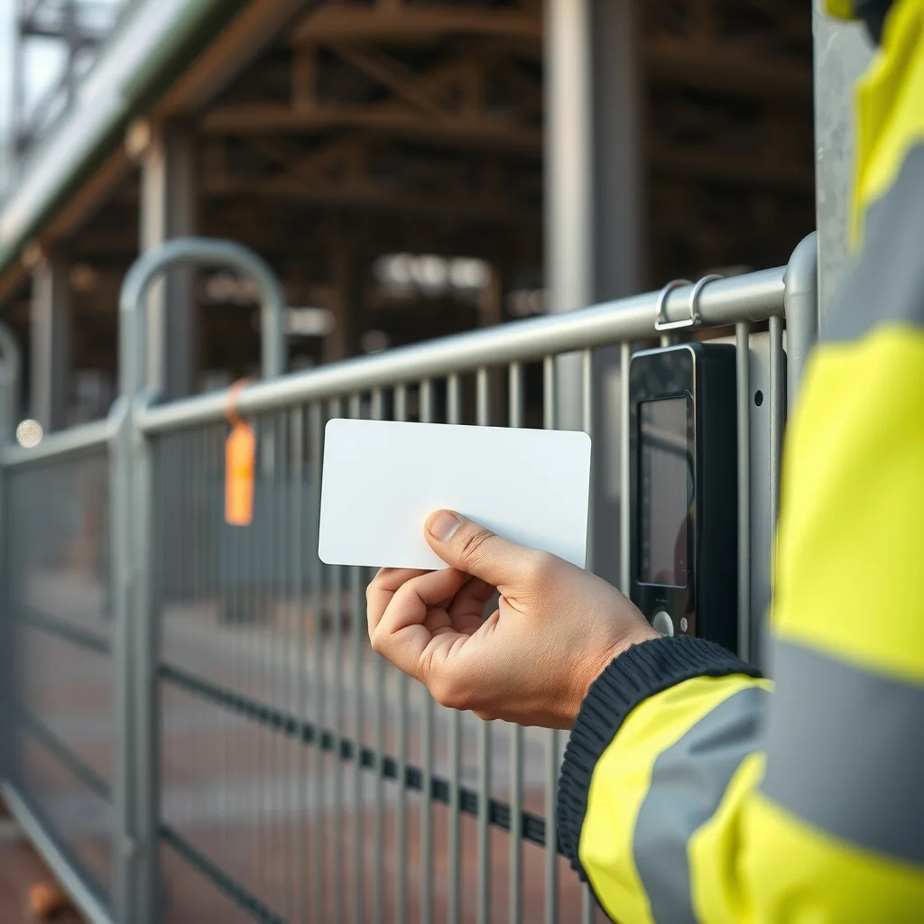 A worker swiping an access card at a construction site gate reader