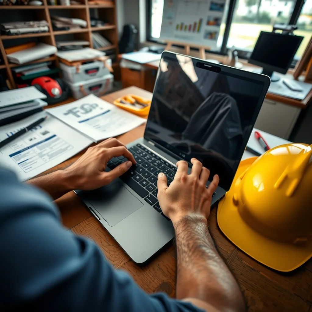 Hands typing on a laptop in a site office with plans and a hard hat on the desk