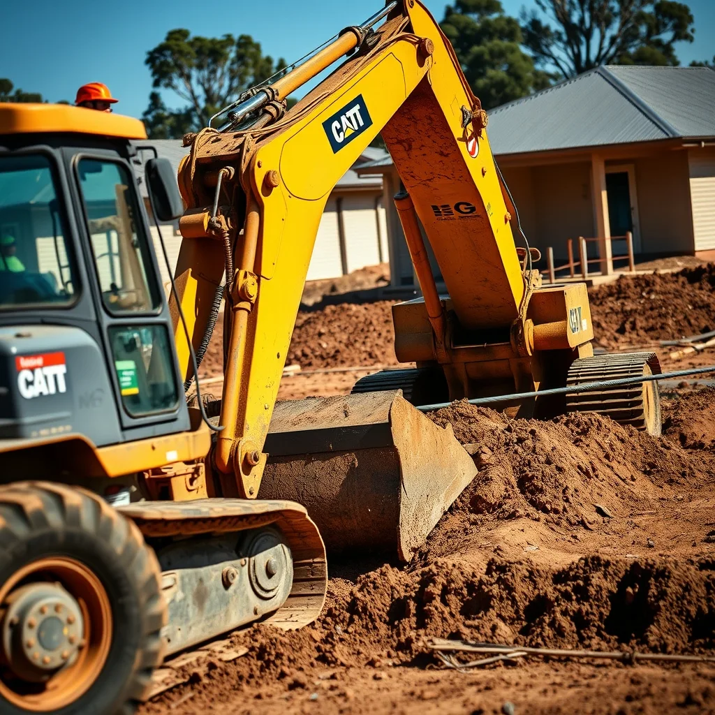 Earthmoving machinery levelling a residential housing site in regional Western Australia.