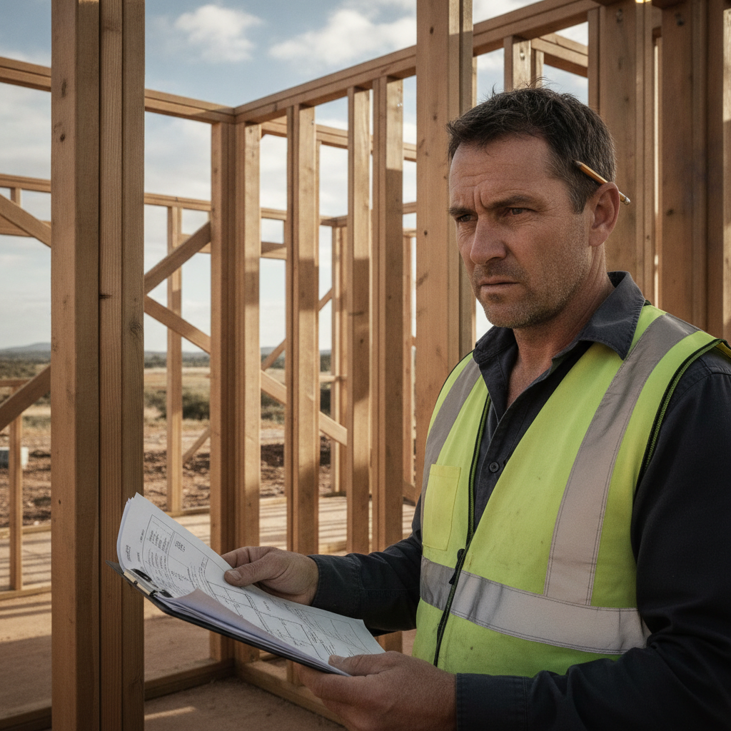 Building inspector reviewing compliance paperwork at an Australian construction site