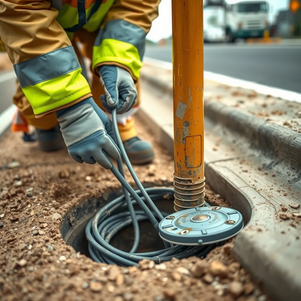 Worker running conduit into a traffic signal pole pit at a roadworks site