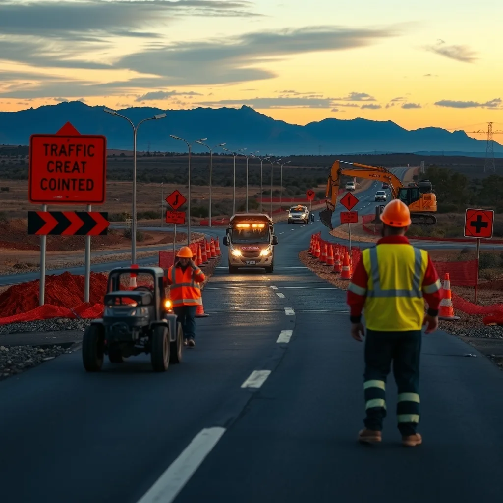 Road crew and excavator working at a highway intersection in an inland Australian town at dusk