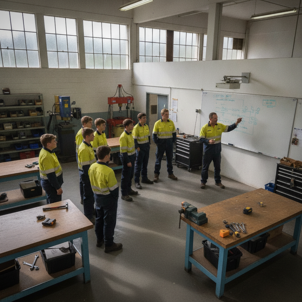 Apprentices in a TAFE trades classroom in Australia