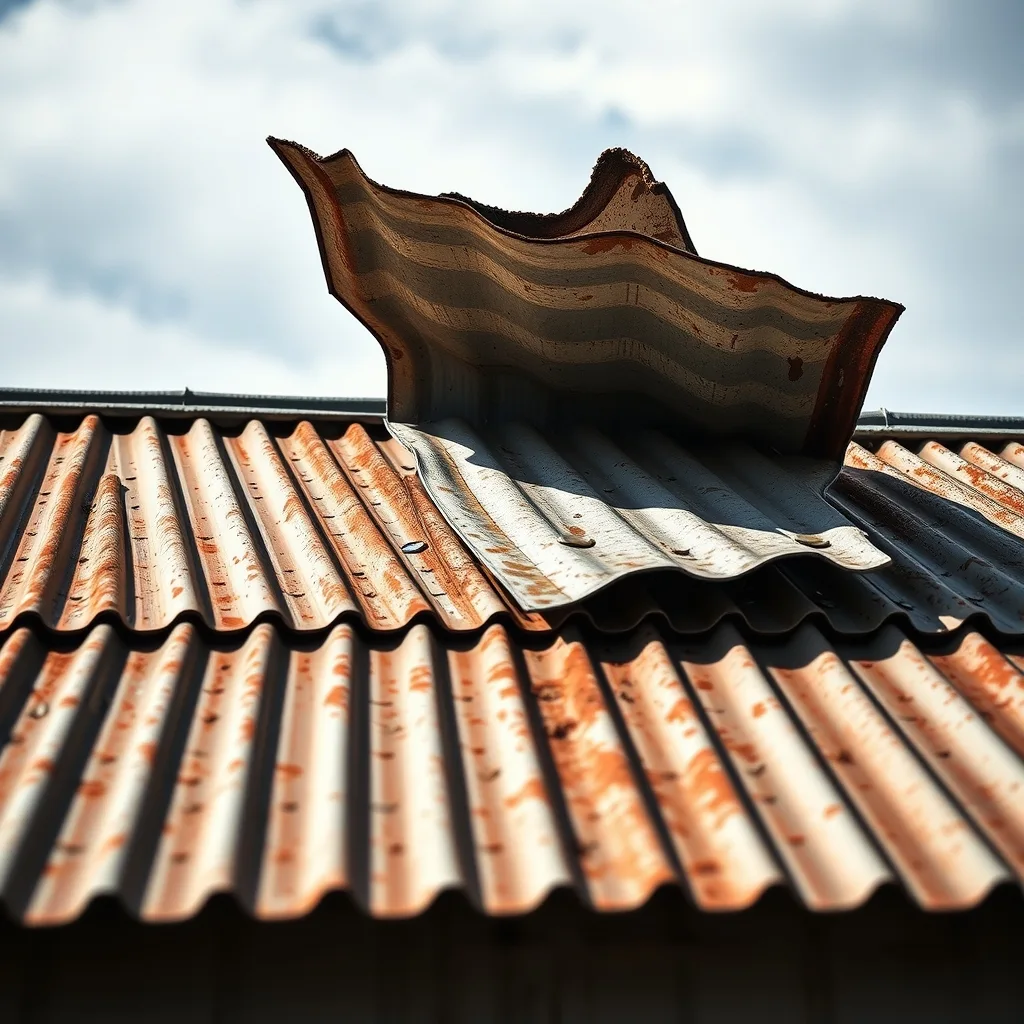 Corrugated iron roof panels lifting and peeling back in severe wind on an Australian building.