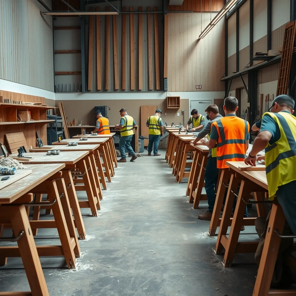 Apprentices practising joinery cuts at workbenches in a trade training workshop