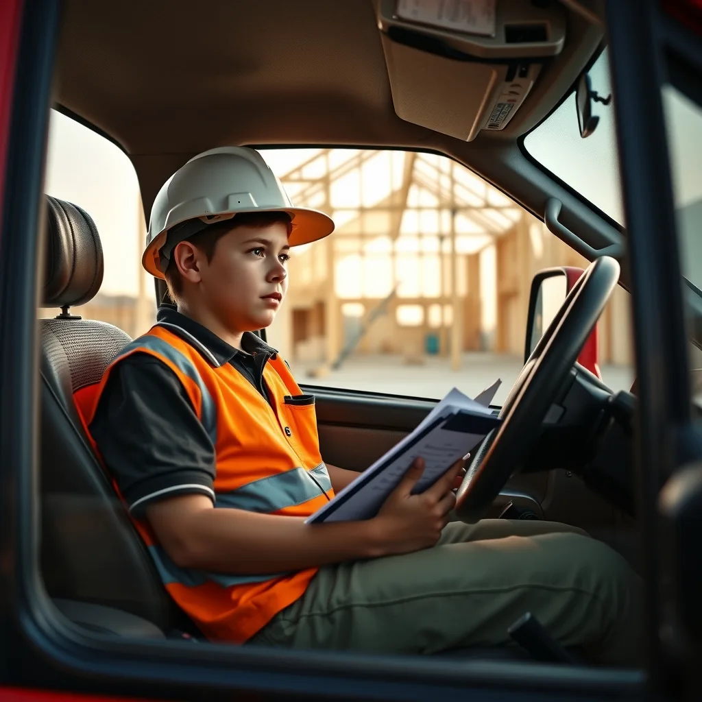 A small builder doing paperwork in a ute in front of a partly framed house