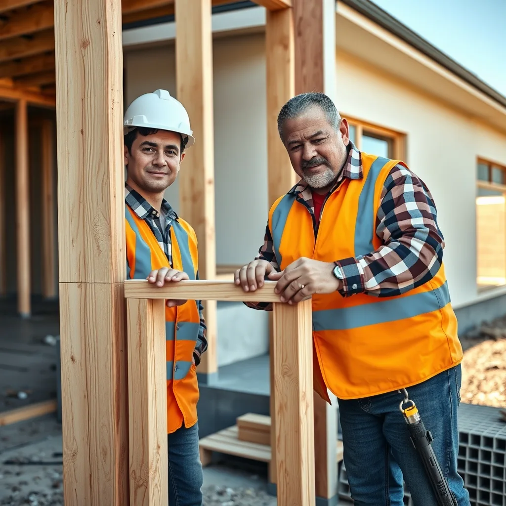 An apprentice carpenter holding a timber wall frame while a qualified carpenter marks a cut on a suburban house build