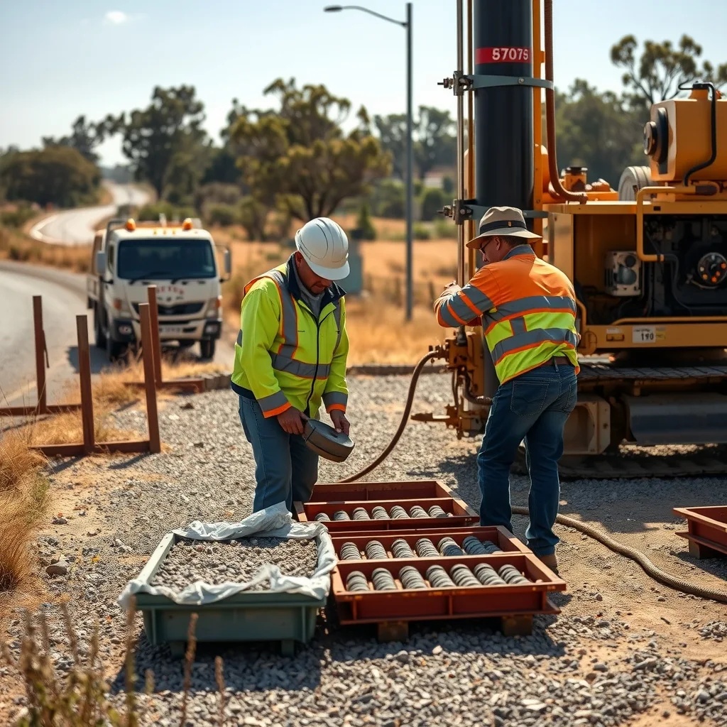 Two hi-vis workers logging core samples beside a geotechnical drill rig on a rural roadside