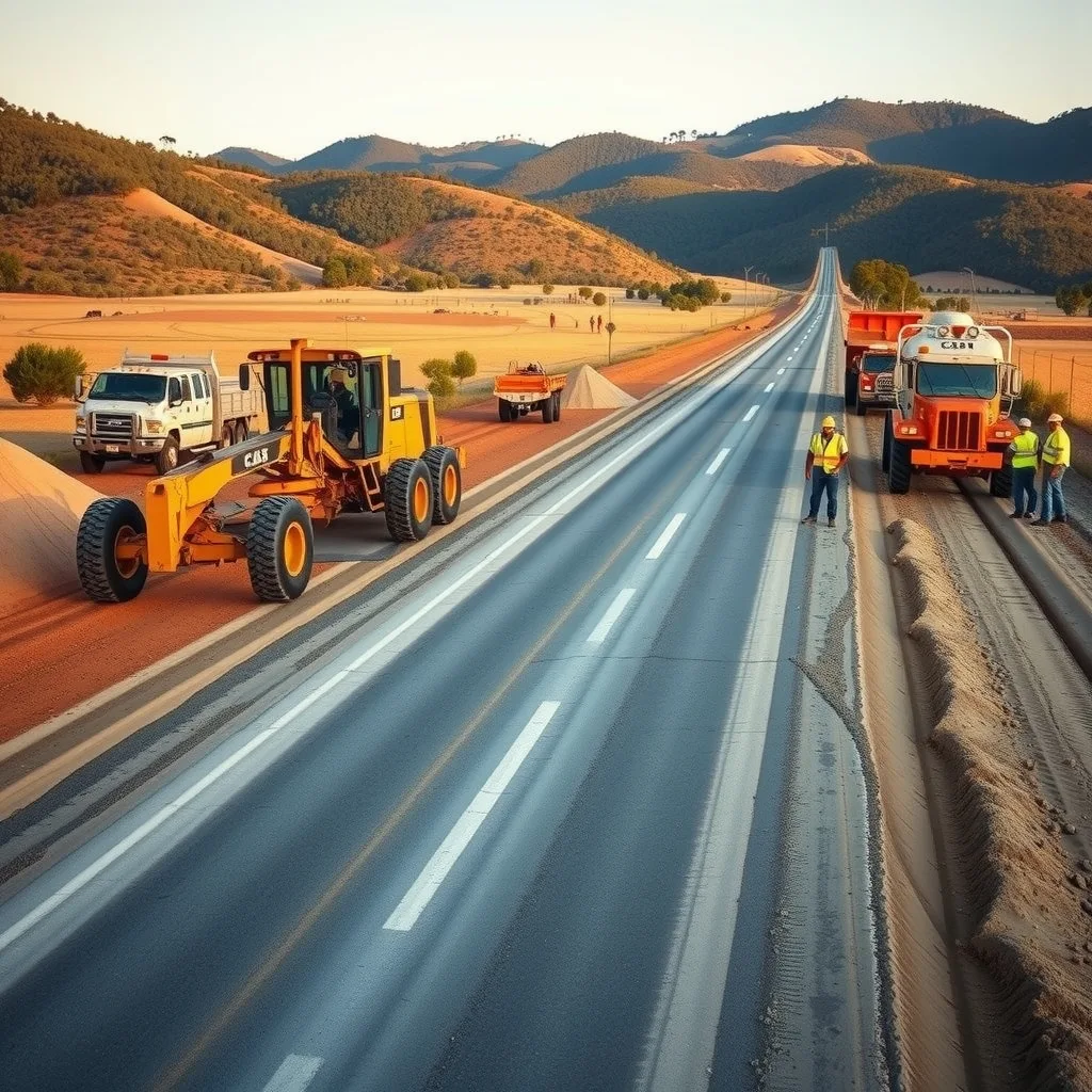 A grader and water cart working the subgrade on a regional road construction site
