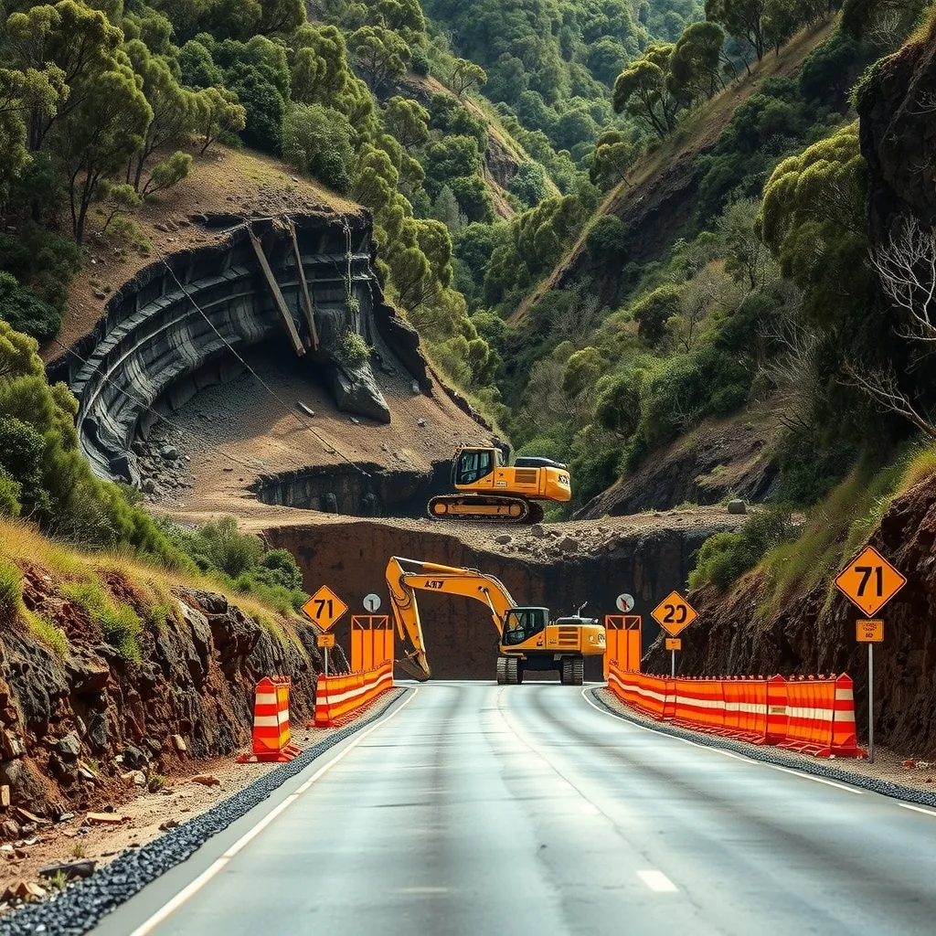 An excavator working beside a collapsed shoulder on a narrow mountain road through Australian bushland