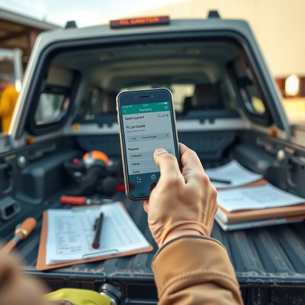 Hands using a phone banking app on the tailgate of a work ute at a job site