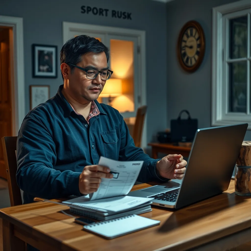 Tradie at a kitchen table with a laptop, invoices and a credit card doing business paperwork