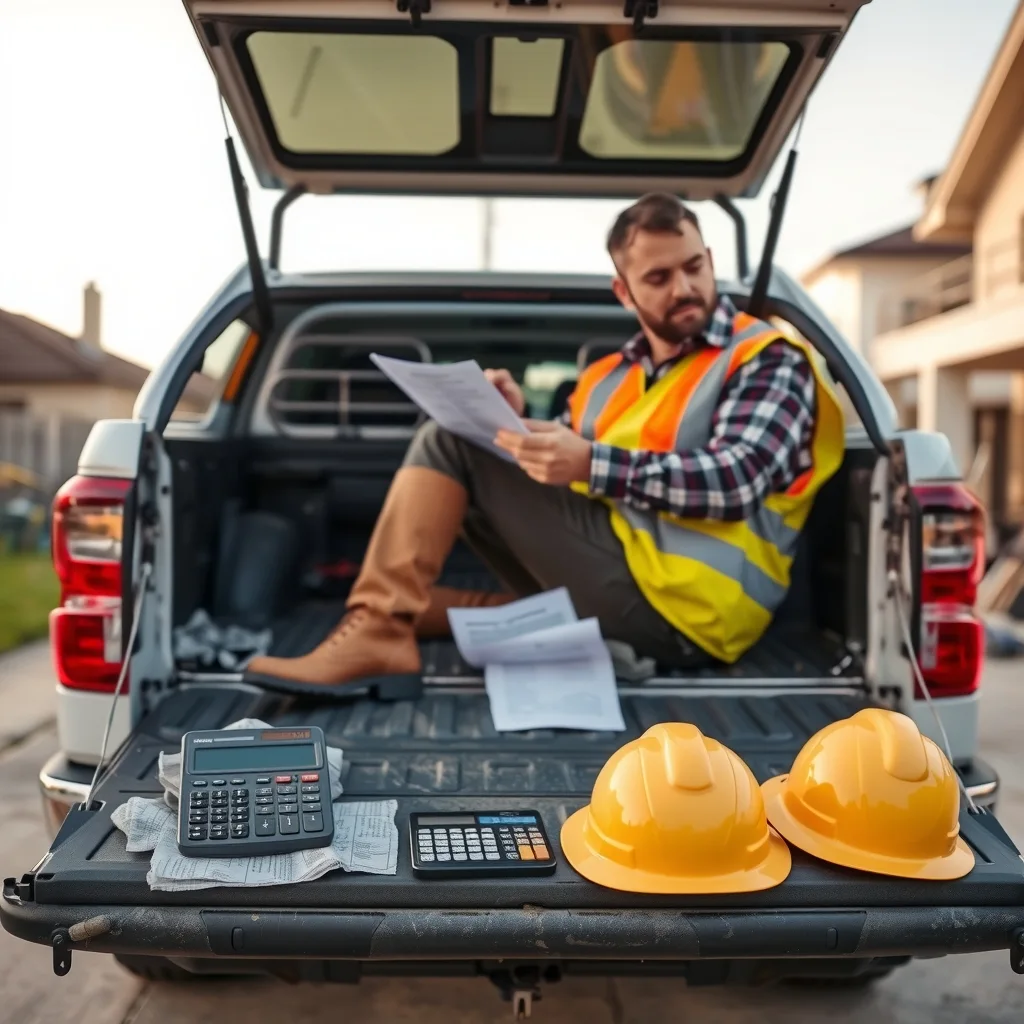 A builder in hi-vis sitting on a ute tailgate going through paperwork at a suburban building site.