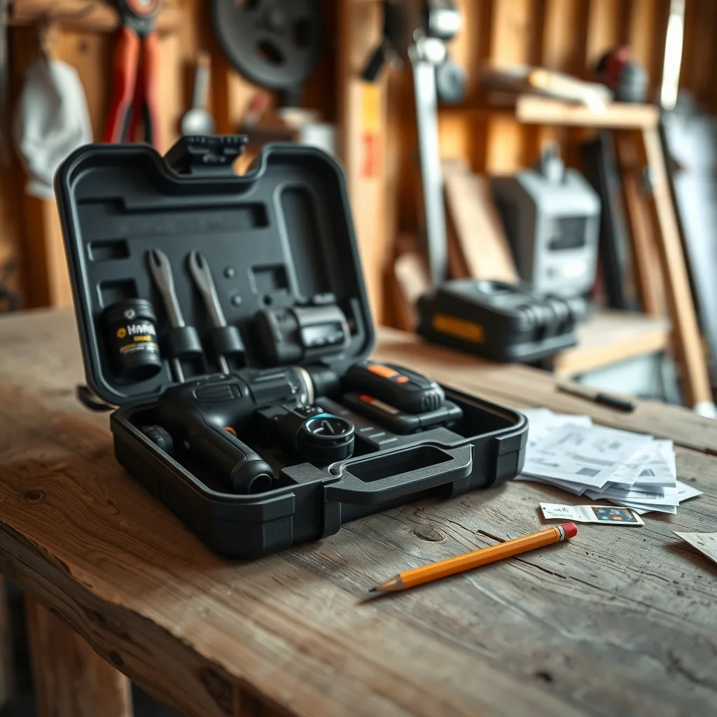 A cordless drill kit on a workbench beside a stack of hardware receipts