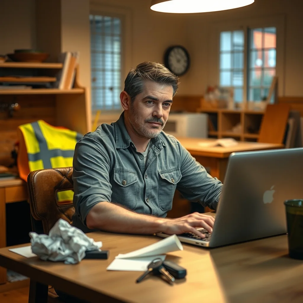 A tradesperson sorting receipts at a kitchen table at night with a laptop open
