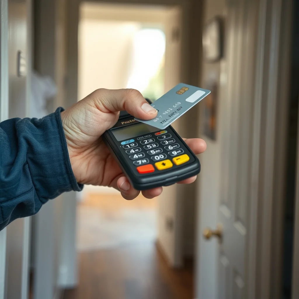 A tradesperson holds out a card terminal while a customer taps a card to pay.