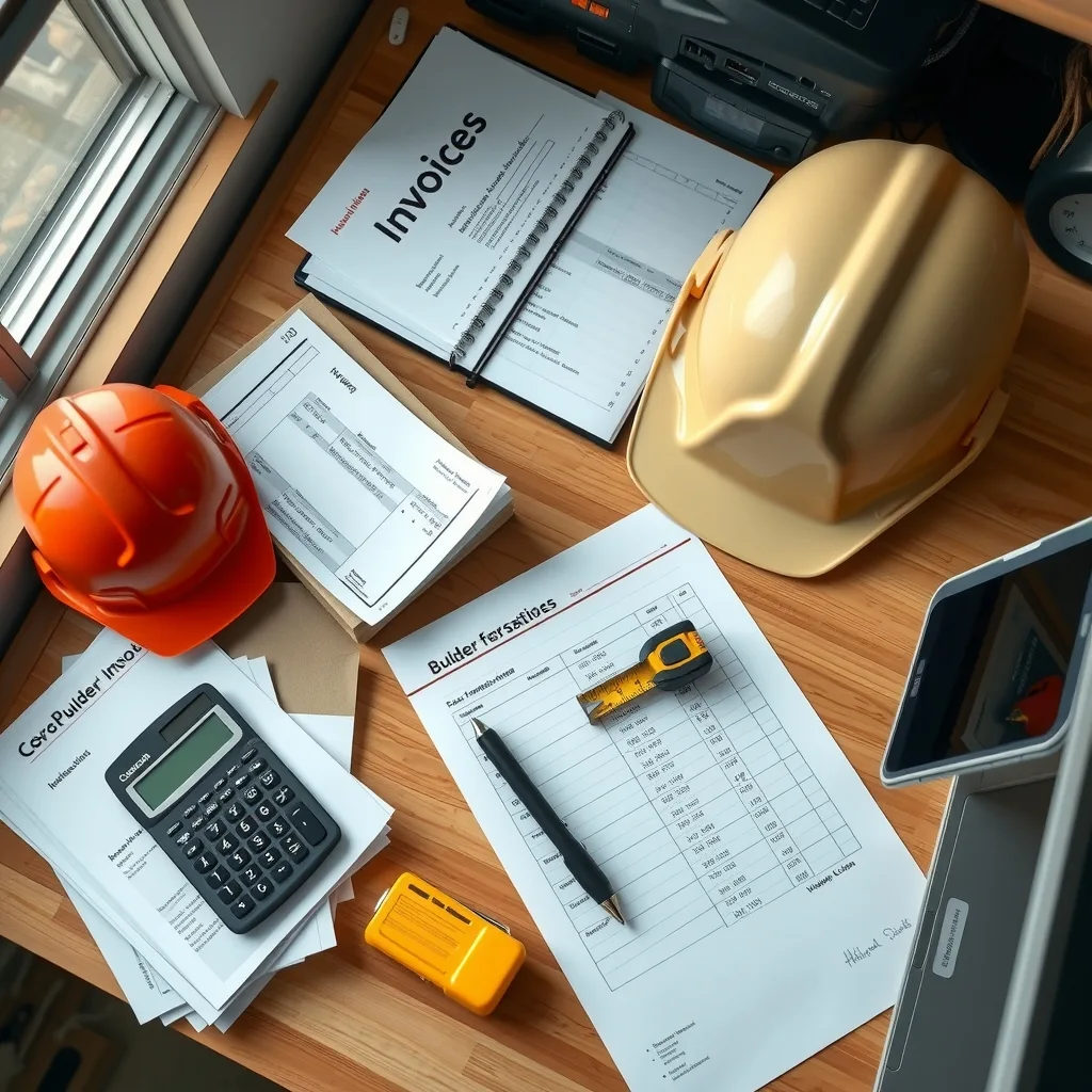 A builder's desk covered in invoices, a calculator, a tape measure and a hard hat.