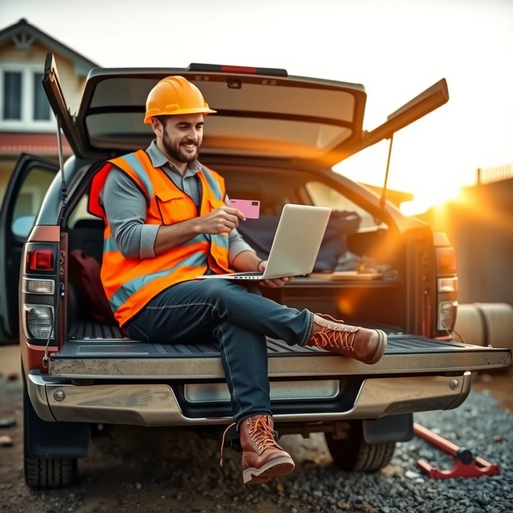 A tradesperson in hi-vis sits on a ute tailgate with a laptop and a bank card, doing paperwork at the end of the day.