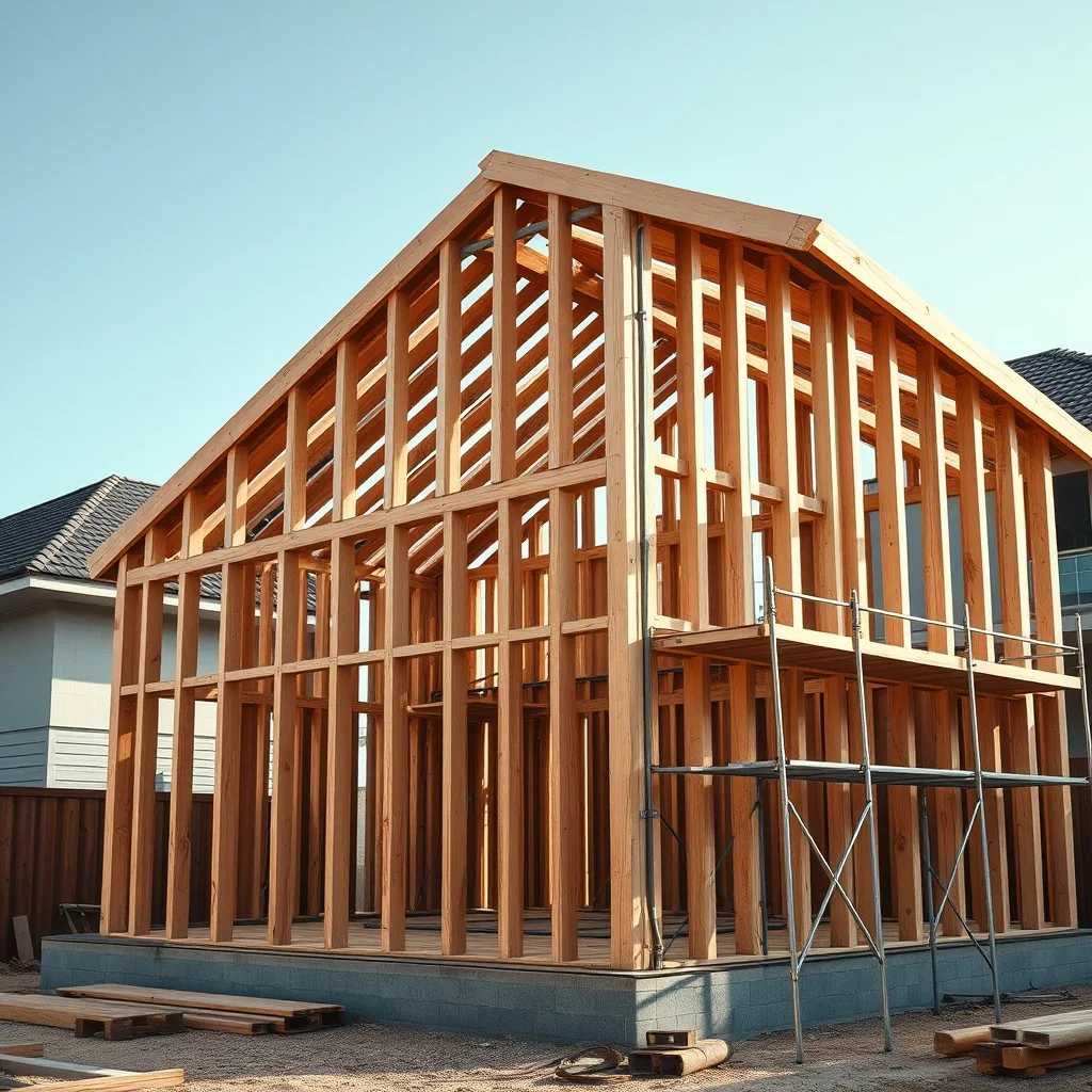 Timber-framed house skeleton with wooden beams and scaffolding on a suburban Australian building site.