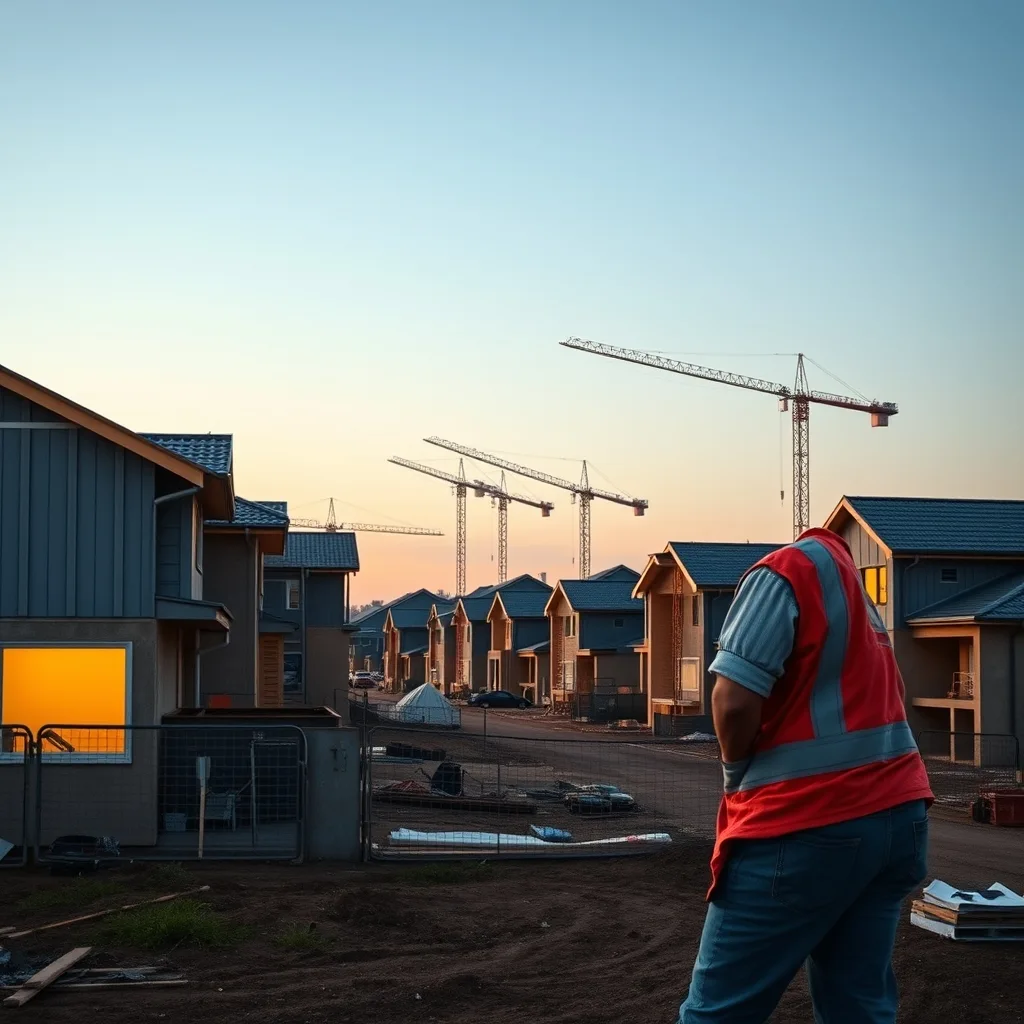 Half-built residential houses on a suburban development site at dusk with construction cranes visible in the distance.