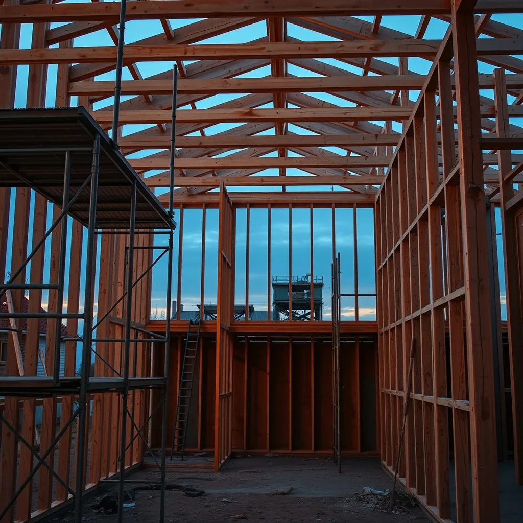 An abandoned residential construction site with empty scaffolding and exposed timber framing at dusk.
