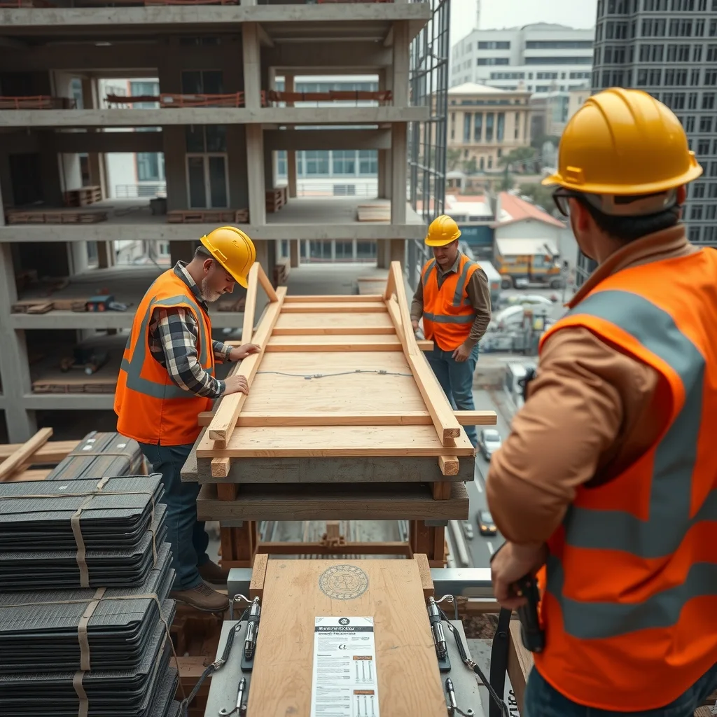 Formwork carpenters setting up plywood formwork on a suspended concrete slab several storeys up