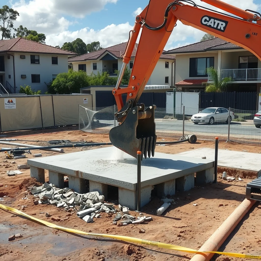 Excavator breaking up a concrete slab on a cleared inner-suburban demolition site