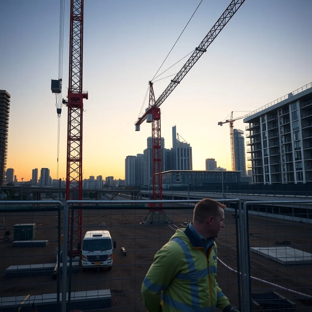 Tower cranes over a large fenced construction site in a suburban Sydney town centre at dusk
