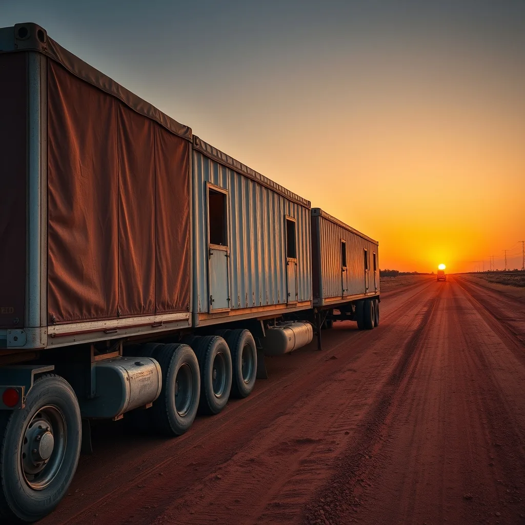 A triple-trailer road train camp parked on red dirt beside a remote outback road in Queensland at sunset.