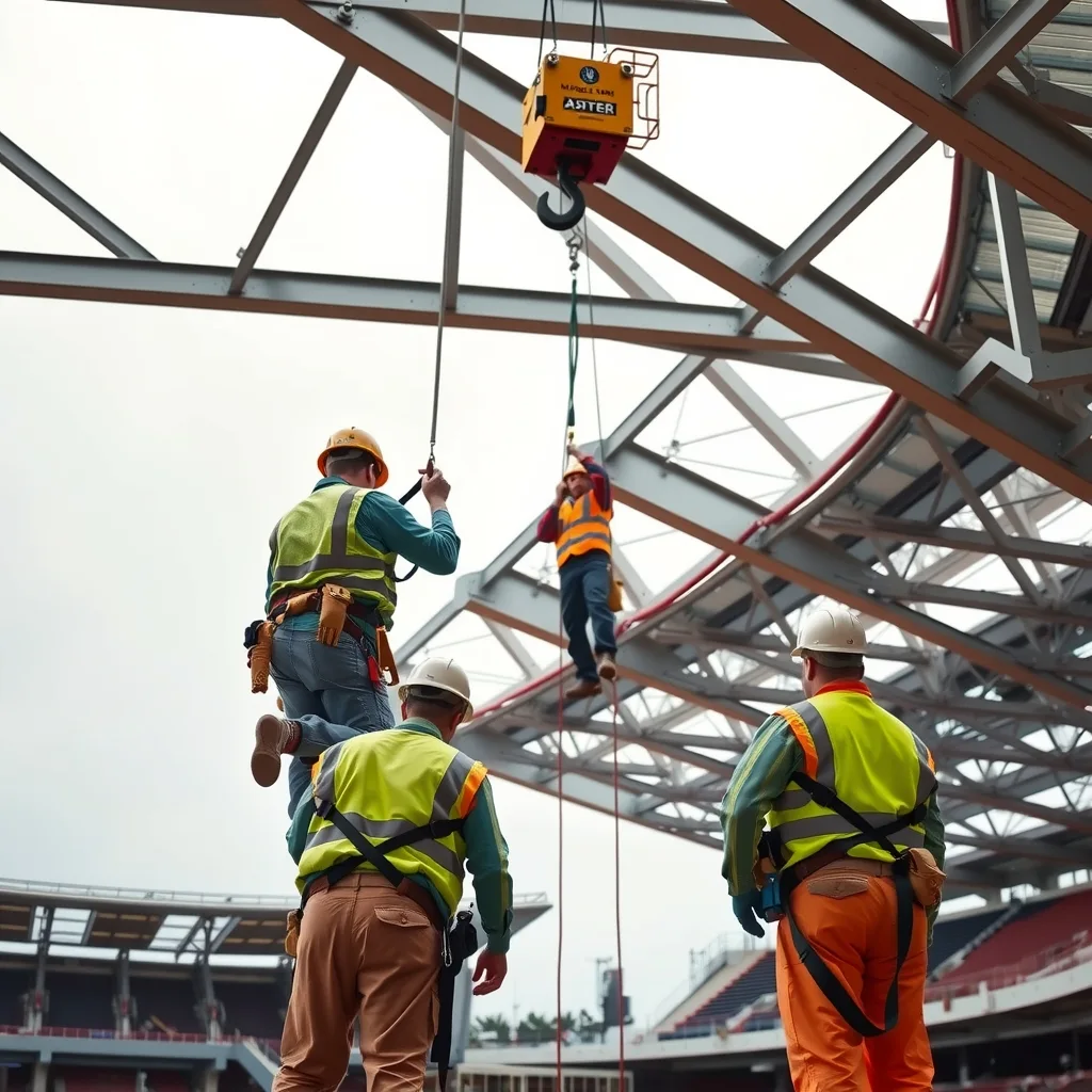 Riggers working on steel roof trusses above a stadium under construction