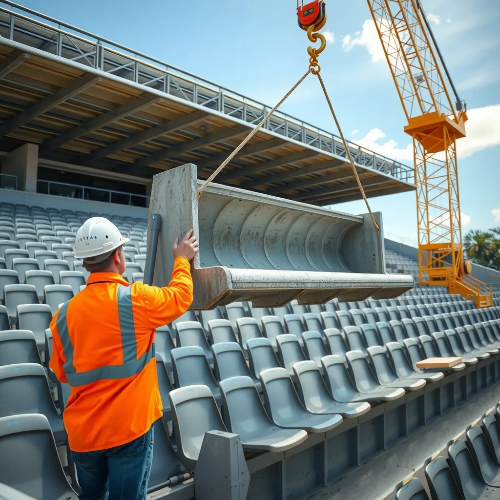 Precast concrete seating plats being craned into place in a stadium bowl