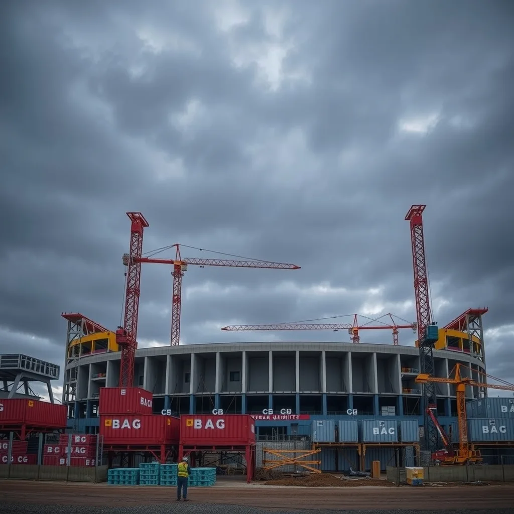 Tower cranes over a partly built stadium bowl on a waterfront construction site at dusk