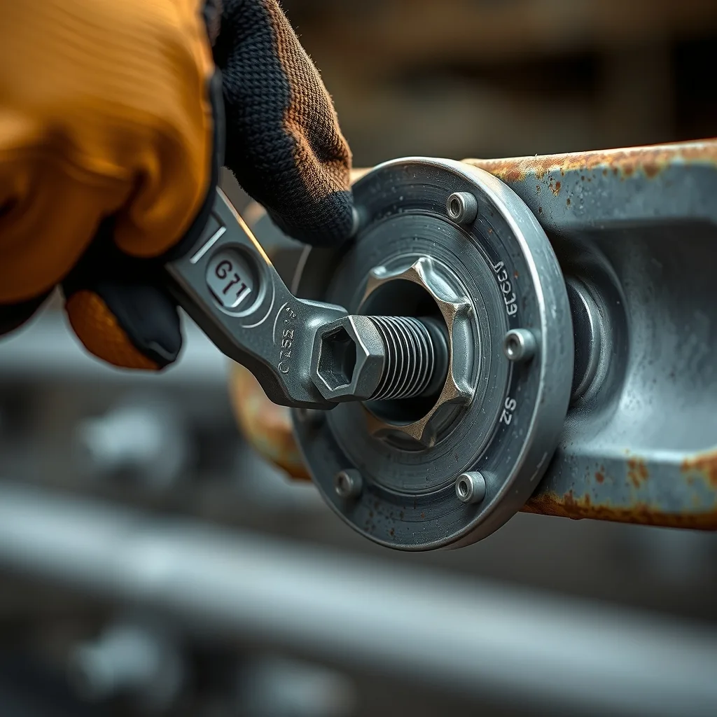 Gloved hand using a torque wrench on a hex-head structural bolt in a steel connection